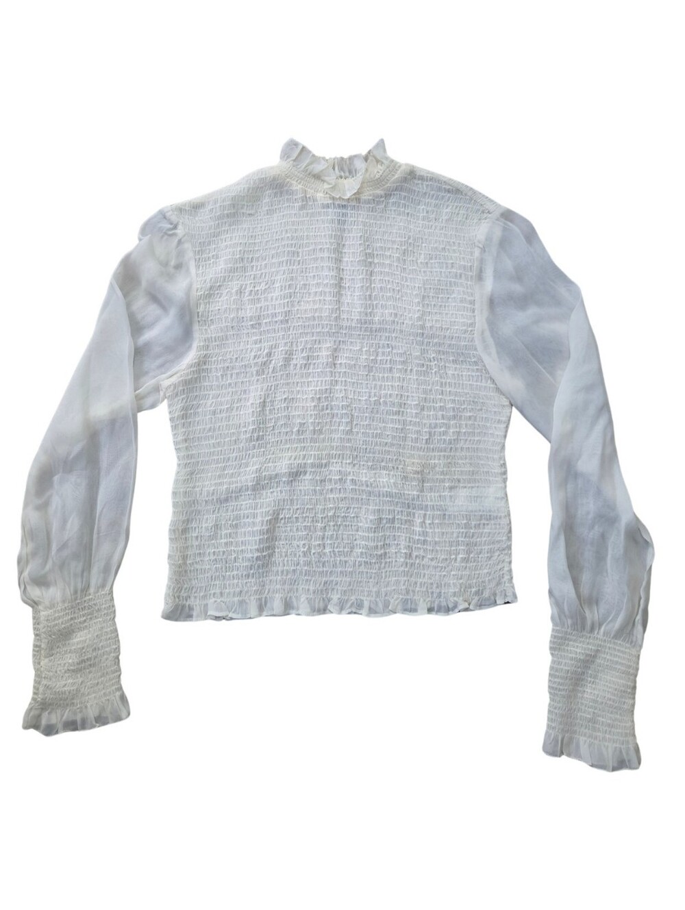 Rag & Bone Kayden Smocked Ruffle Blouse Womens L Ivory Sheer Victorian Academia